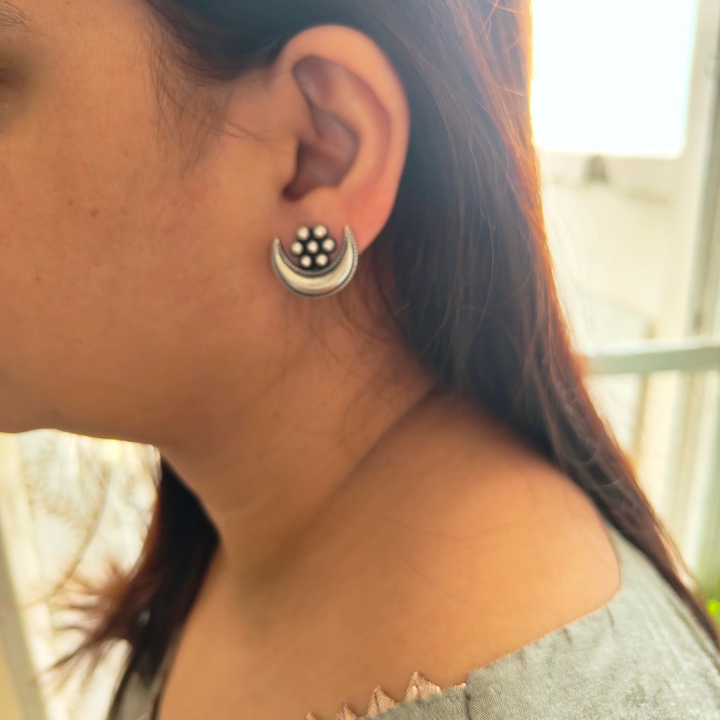 925 Silver Kudi Flower Stud One Chand Dangler Temple Earrings With Intricate Carvings