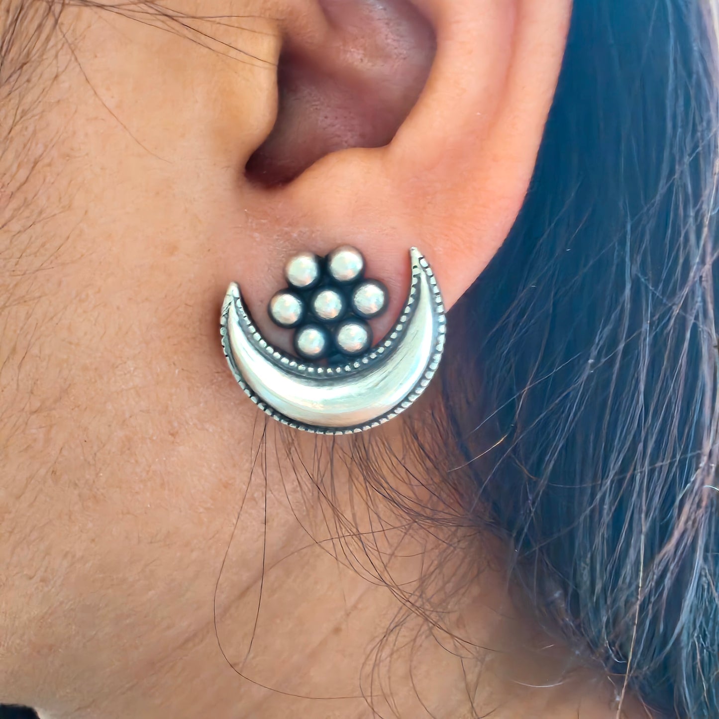 925 Silver Kudi Flower Stud One Chand Dangler Temple Earrings With Intricate Carvings