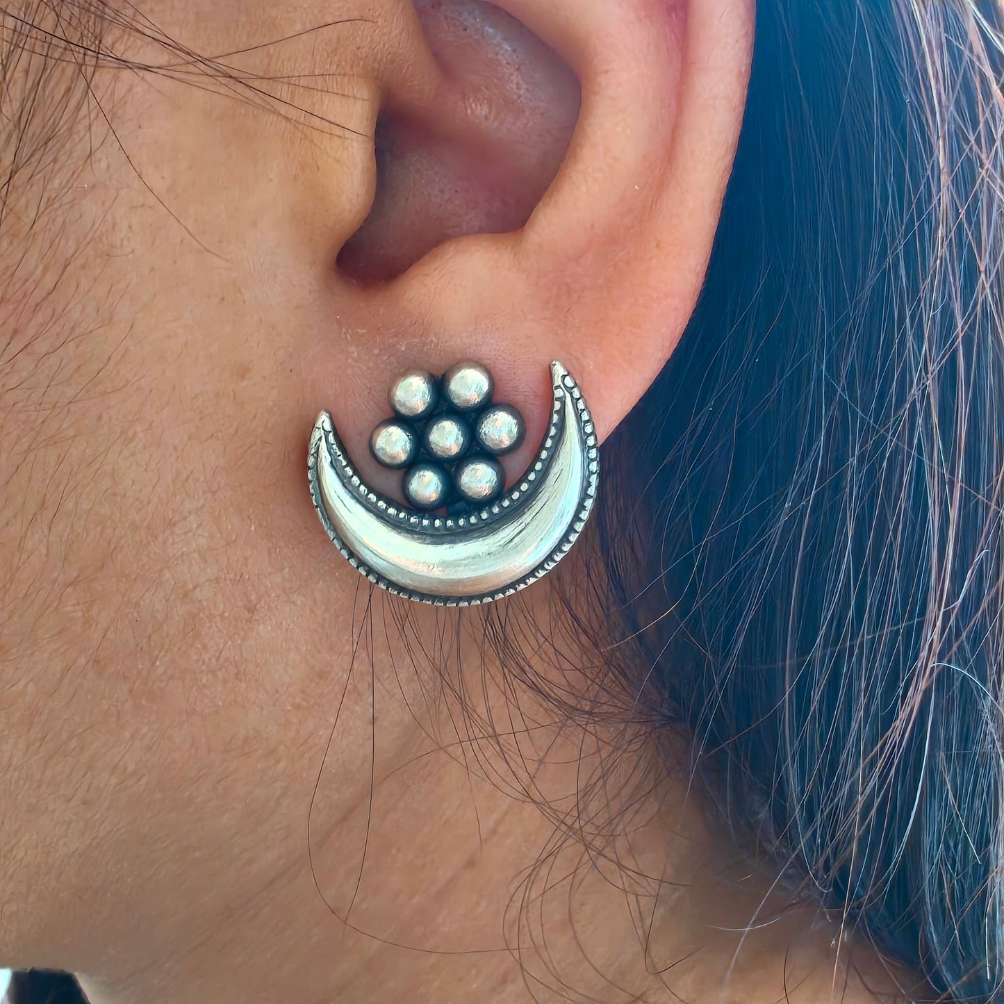 925 Silver Kudi Flower Stud One Chand Dangler Temple Earrings With Intricate Carvings