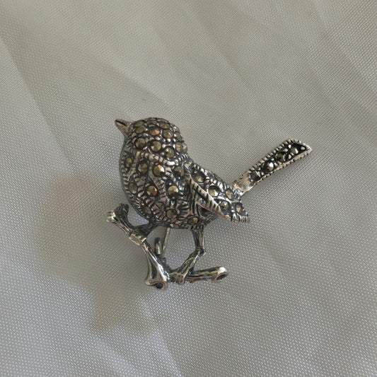 925 Vintage Silver and Marcasite Bird Brooch Pendant