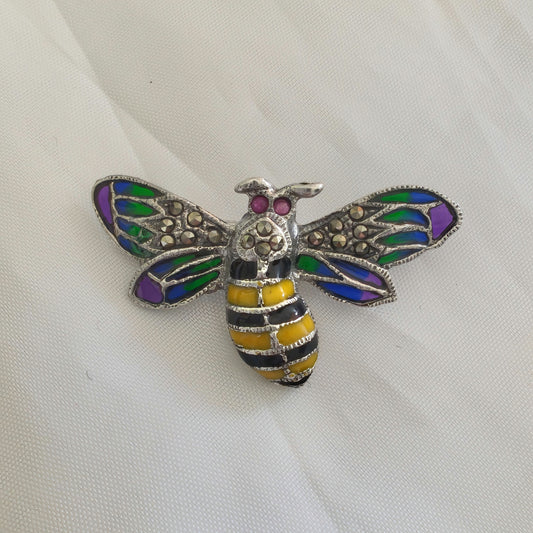 925 Vintage Silver Marcasite Bumble Bee Colourful Enamel Brooch Pendant