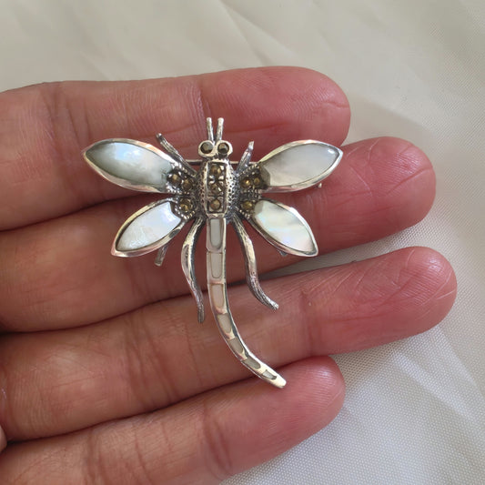 925 Vintage Silver Marcasite Dragonfly Mother of Pearl Brooch Pendant