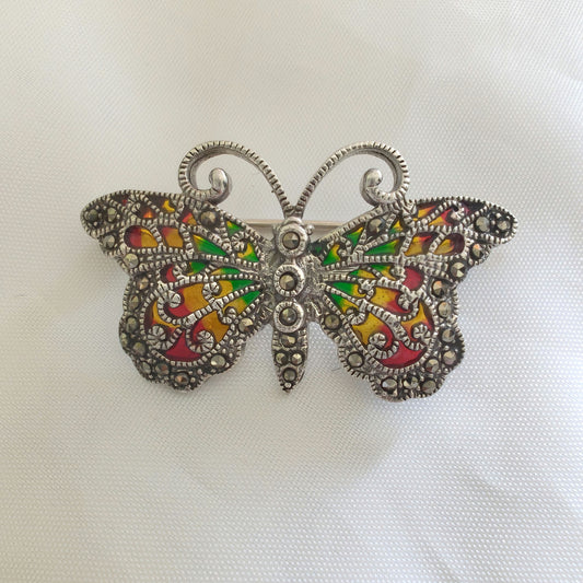 925 Vintage Silver and Marcasite Colourful Butterfly Enamel Brooch Pendant