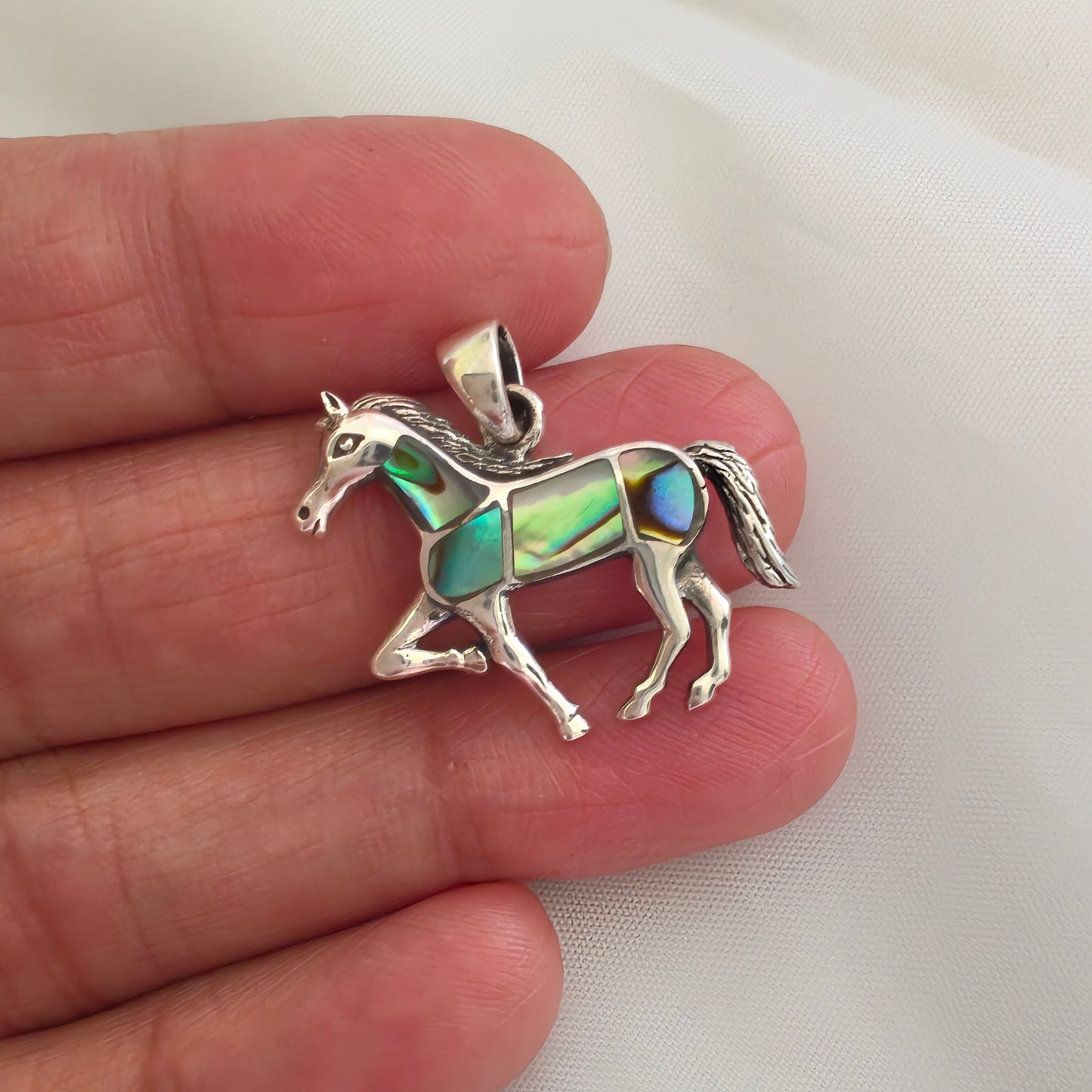 925 Vintage Intricate Elegant Silver Mother Of Pearl Horse Pendant With Abalone