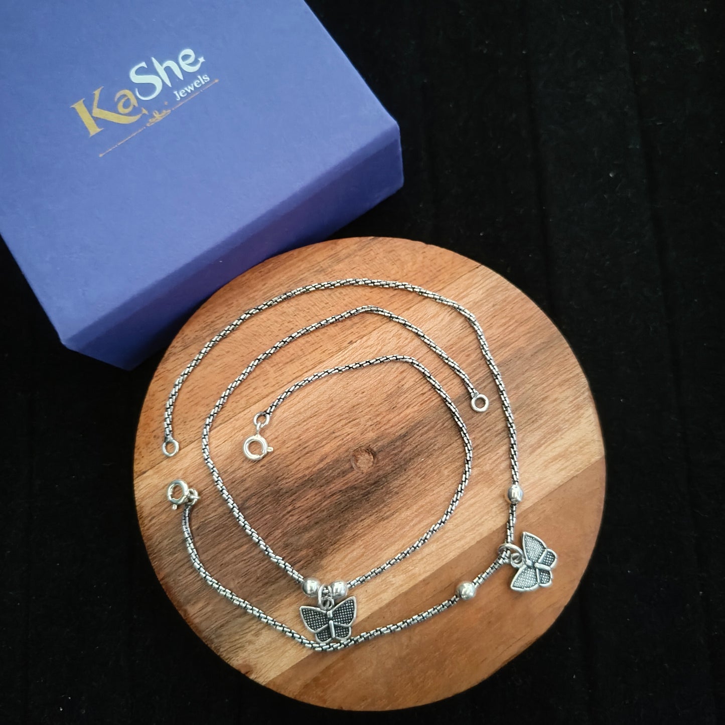 925 Silver Women Textured Anklet With Butterfly ( Pair)