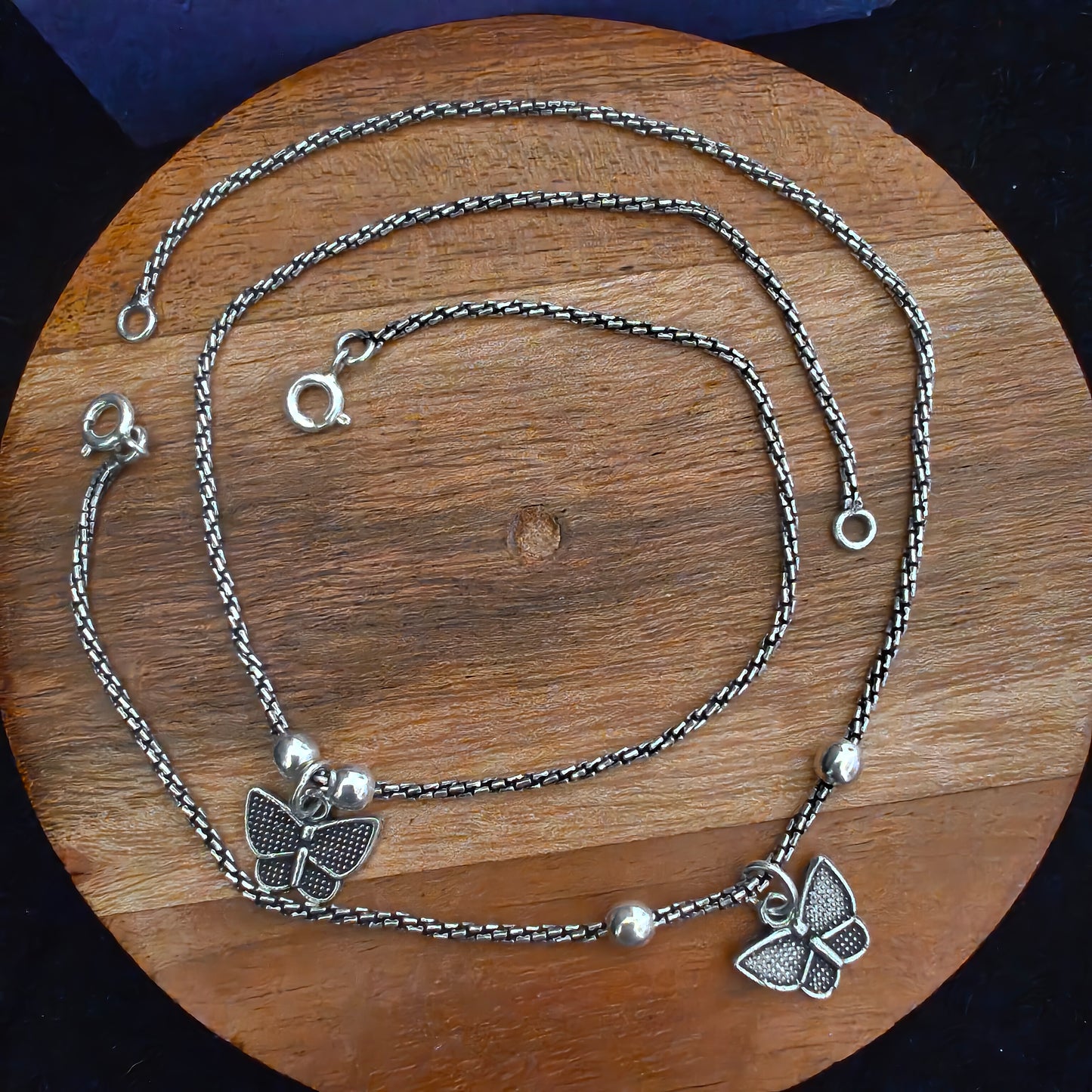 925 Silver Women Textured Anklet With Butterfly ( Pair)