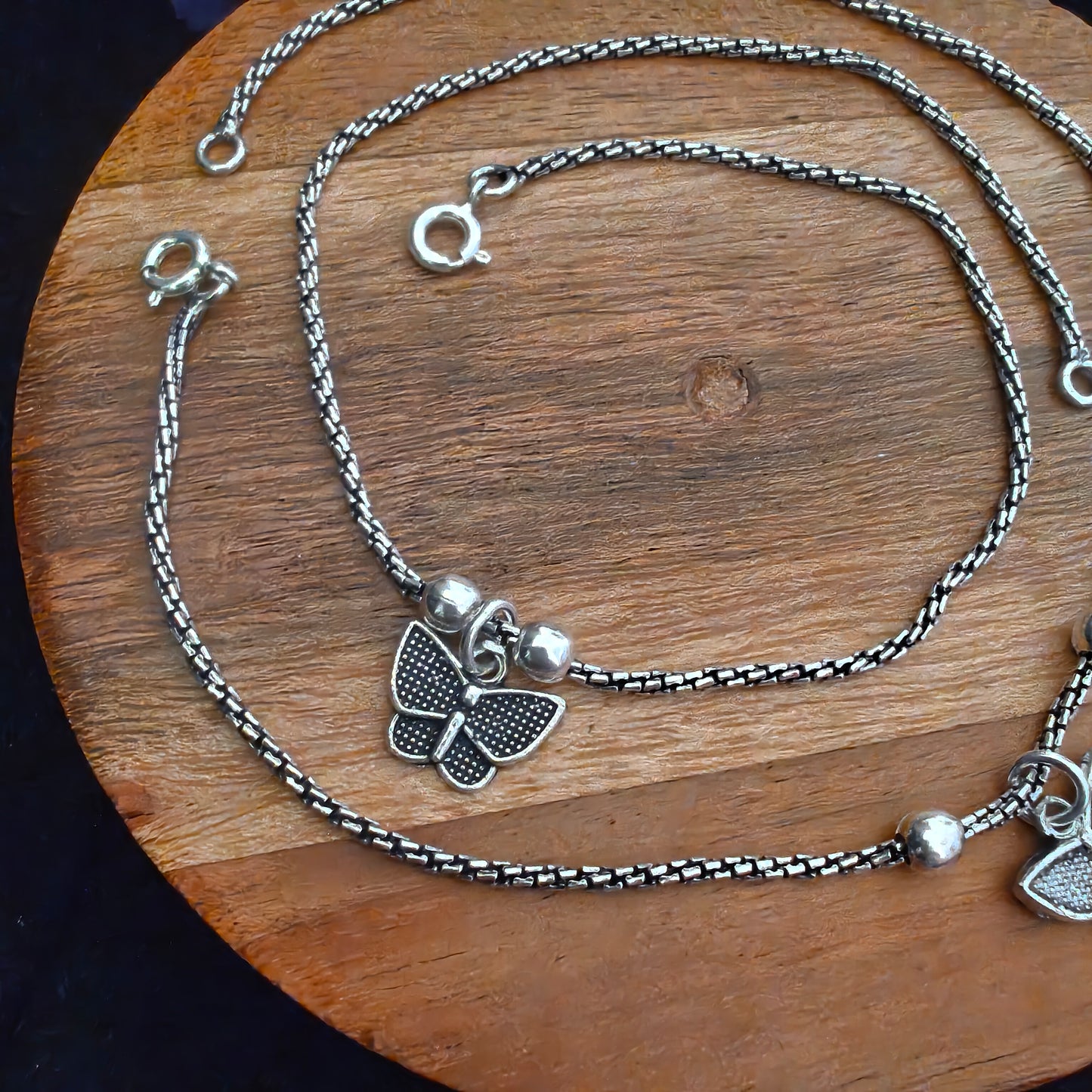 925 Silver Women Textured Anklet With Butterfly ( Pair)