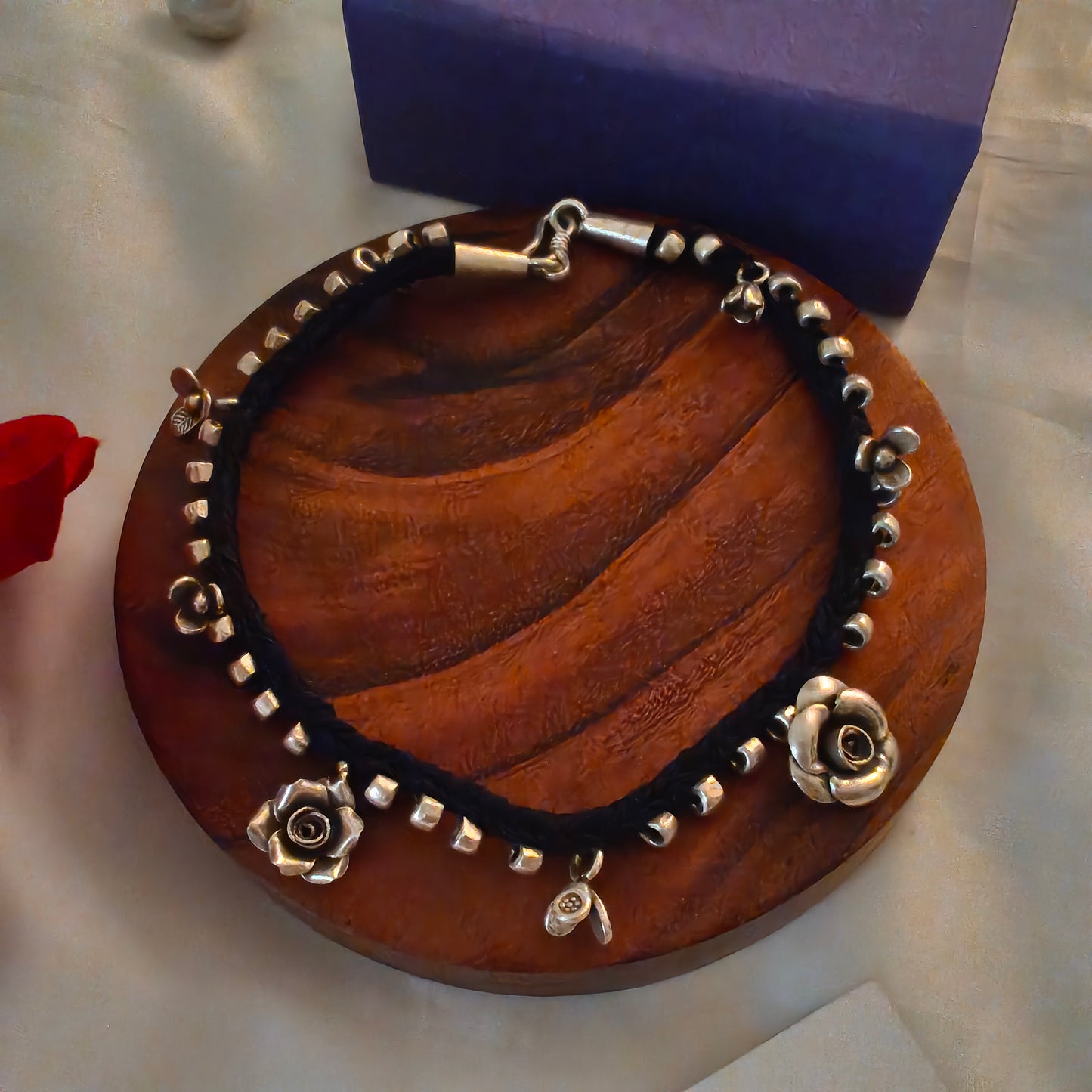 925 Silver Women Girls Black Threaded Anklet With Rose Florals Beads Charms ( Single)