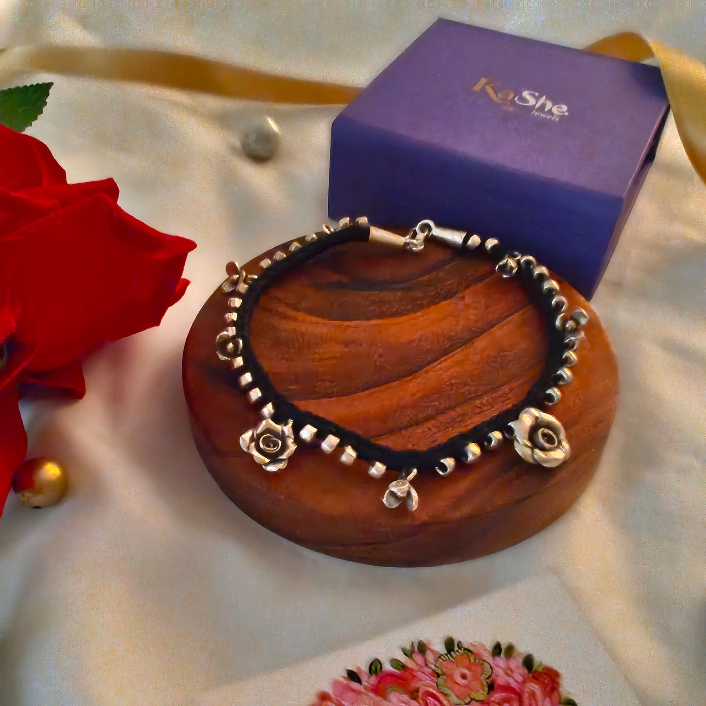 925 Silver Women Girls Black Threaded Anklet With Rose Florals Beads Charms ( Single)