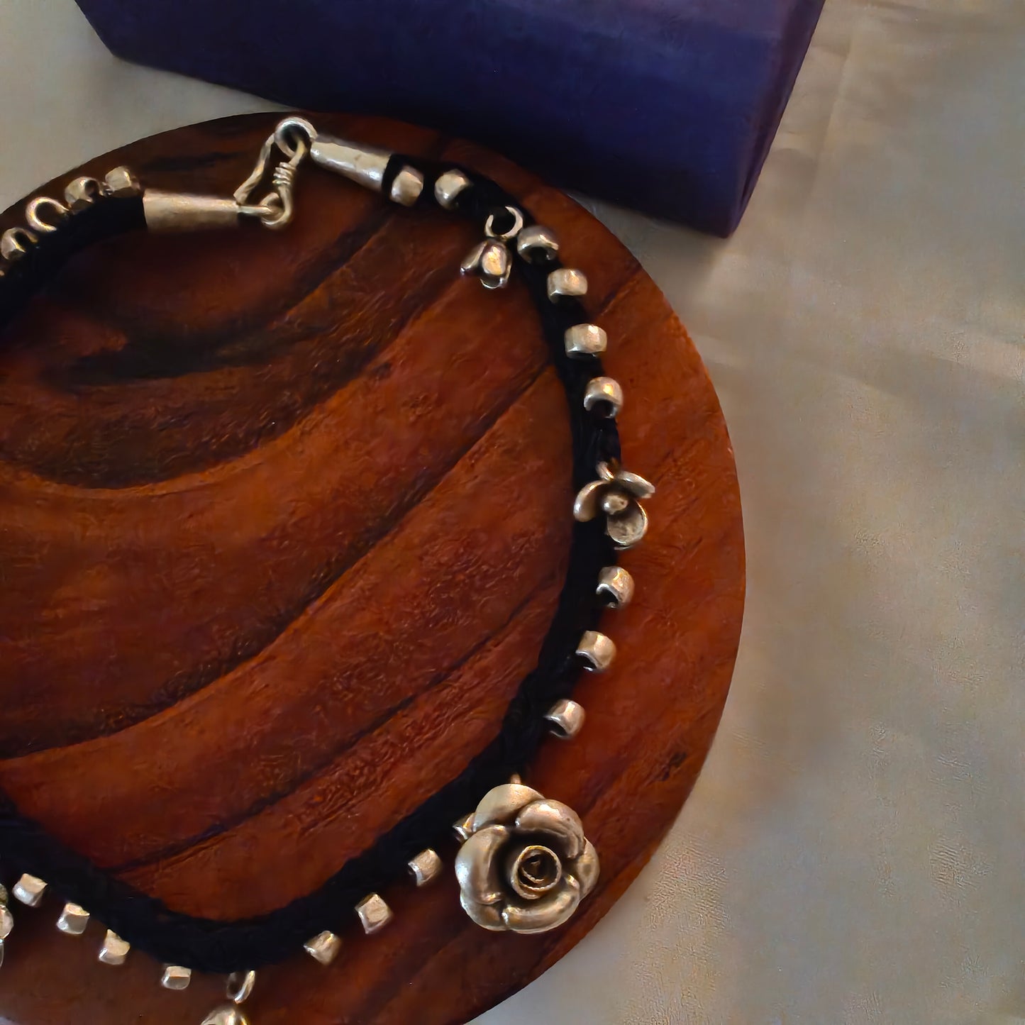 925 Silver Women Girls Black Threaded Anklet With Rose Florals Beads Charms ( Single)
