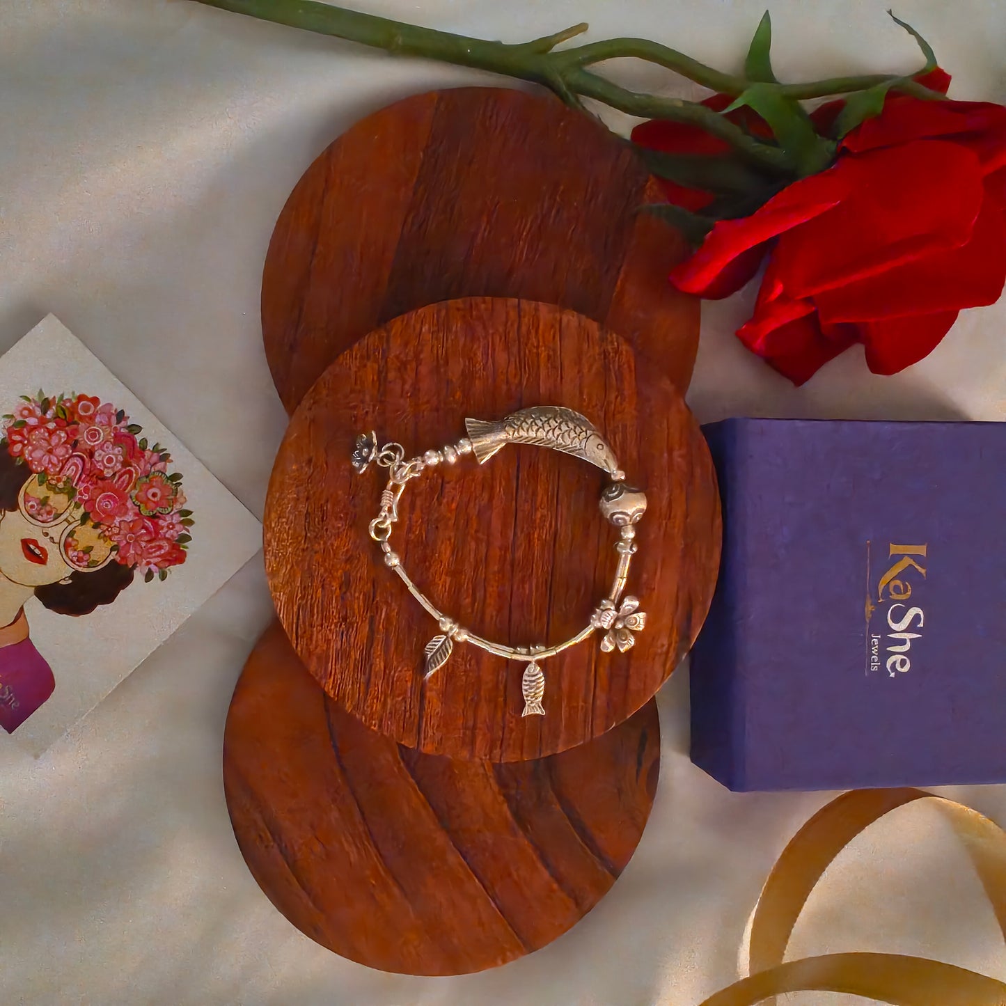 Exquisite Statement Loose Bracelet With Fishes  Flowers Leaves Balls Charms