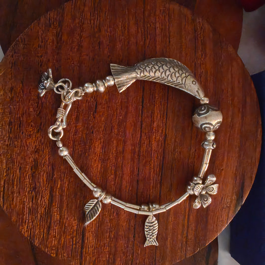 Exquisite Statement Loose Bracelet With Fishes  Flowers Leaves Balls Charms