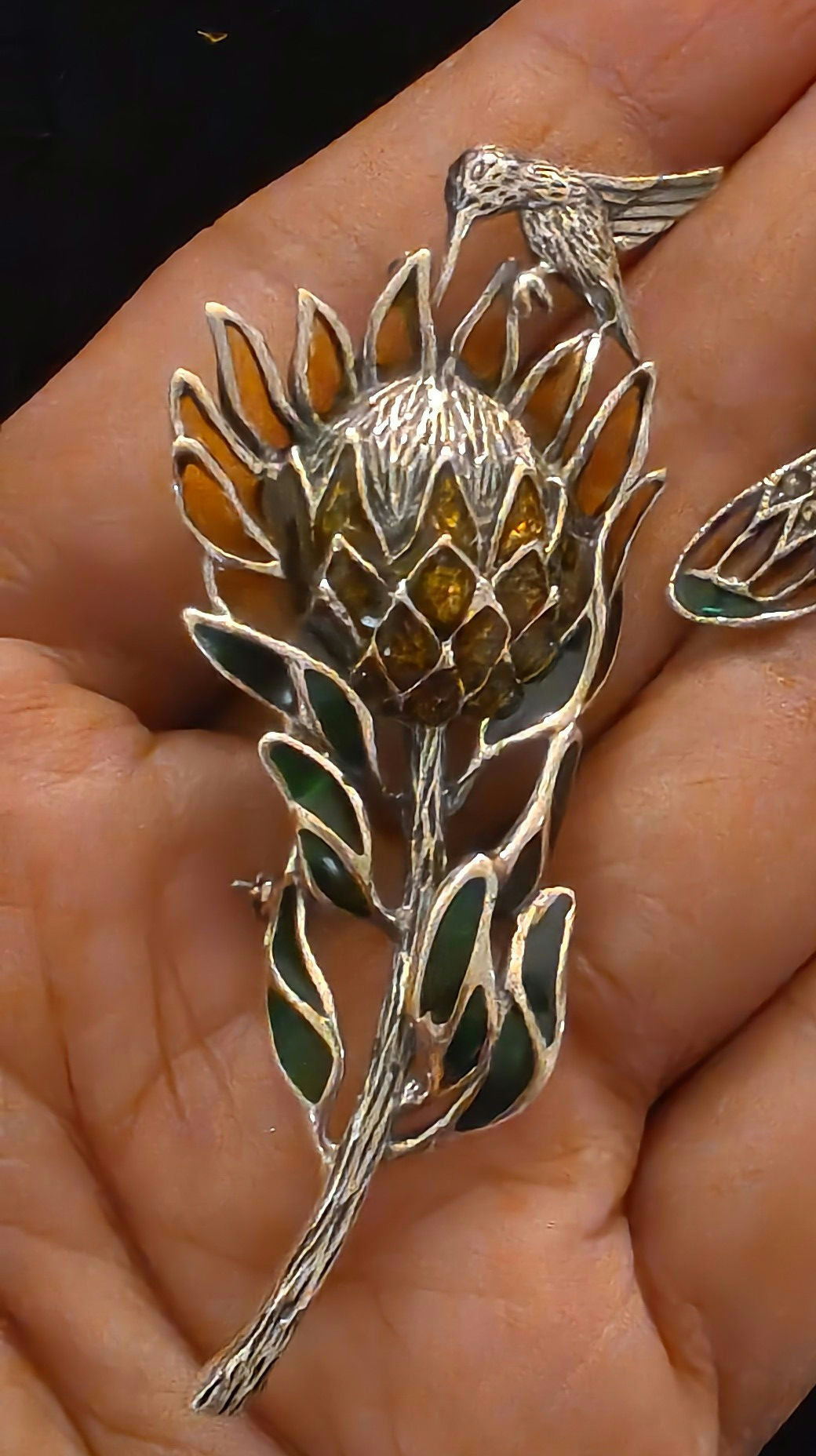 925 Vintage Silver Enamel Humming Bird on Floral Brooch Pendant