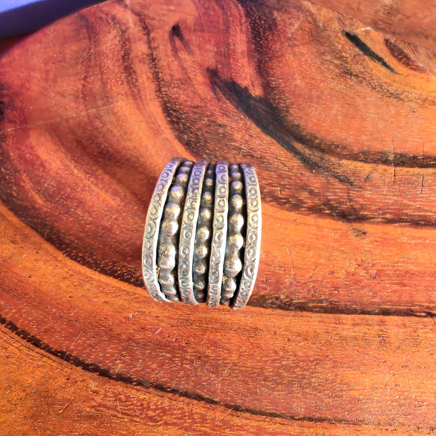 Boho Four Lines Textured And Dotted Sterling Silver Ring