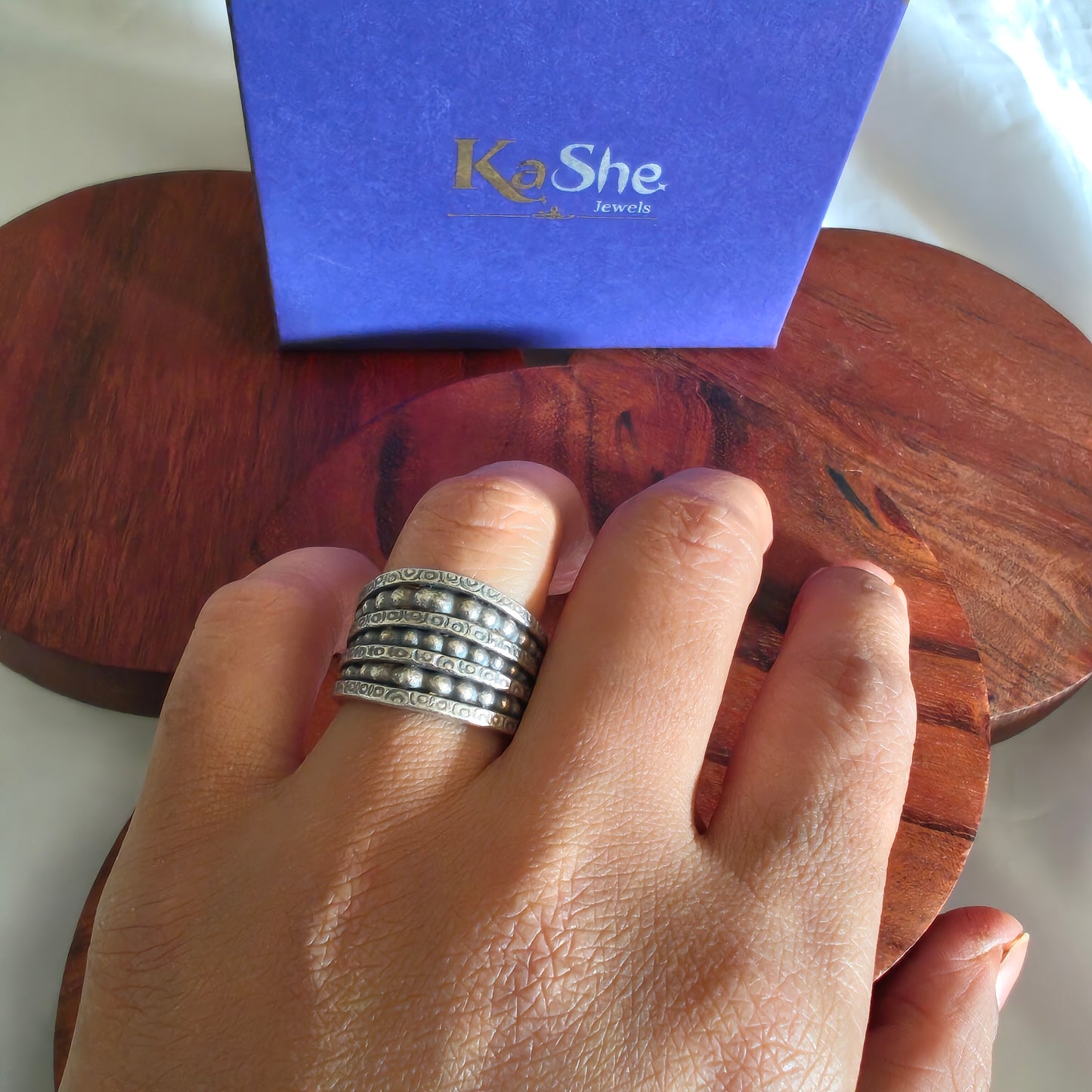 Boho Four Lines Textured And Dotted Sterling Silver Ring