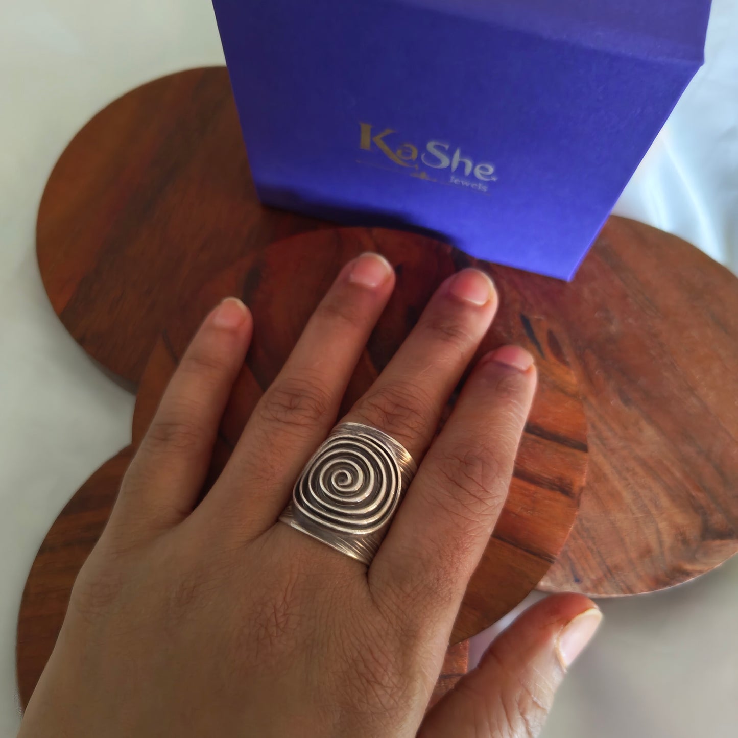 Boho Adjustable Sterling Silver Textured With Spiral Ring Long