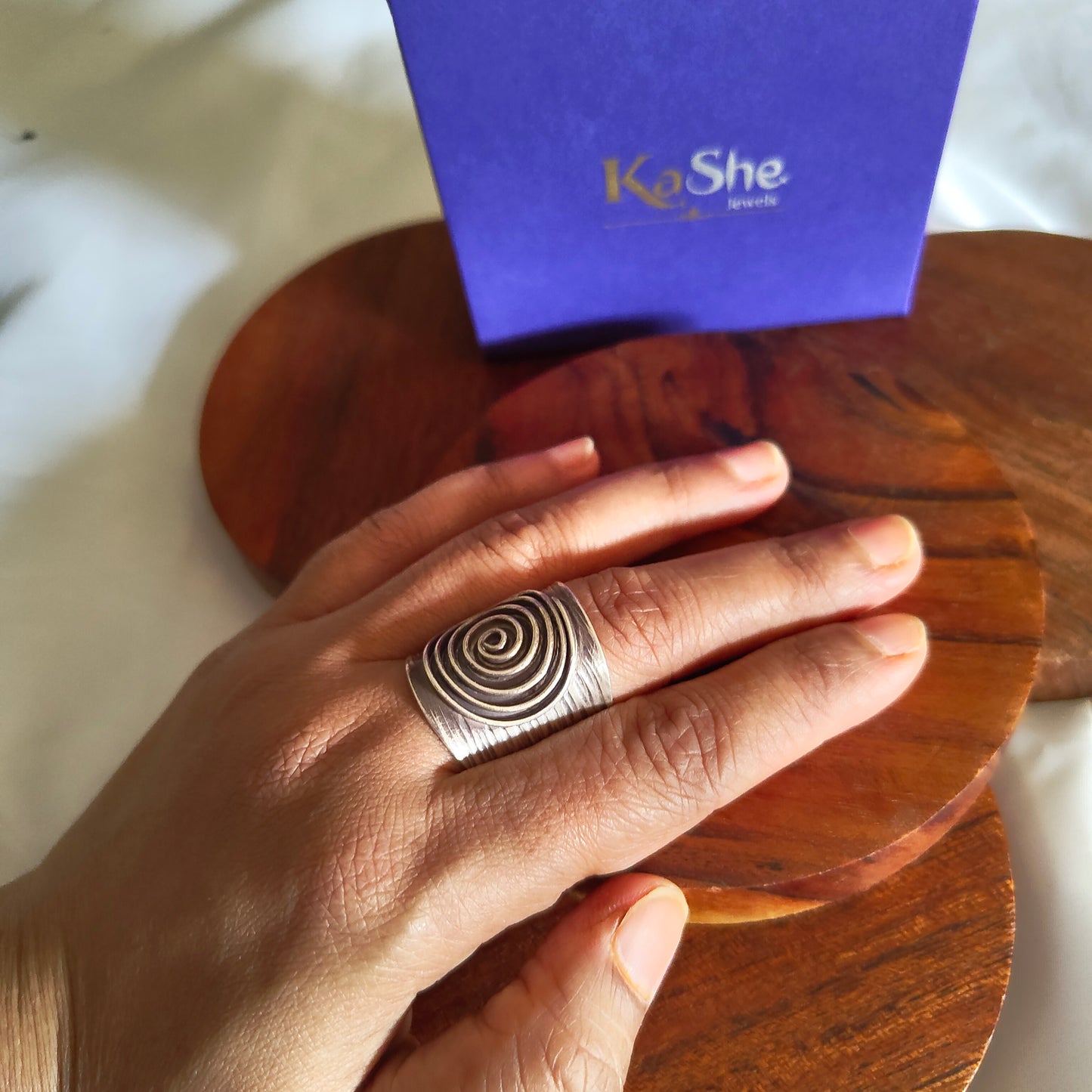 Boho Adjustable Sterling Silver Textured With Spiral Ring Long