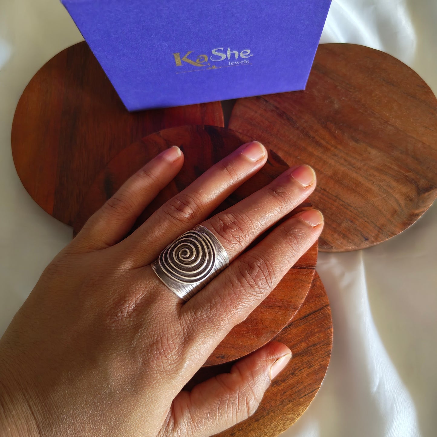 Boho Adjustable Sterling Silver Textured With Spiral Ring Long