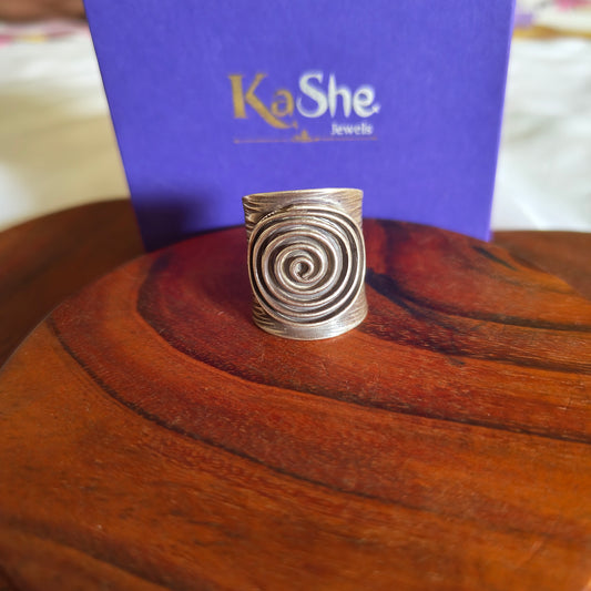 Boho Adjustable Sterling Silver Textured With Spiral Ring Long