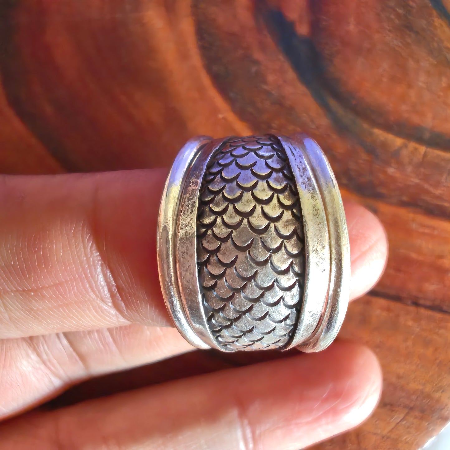 Boho Adjustable Sterling Silver Textured With Scale Ring