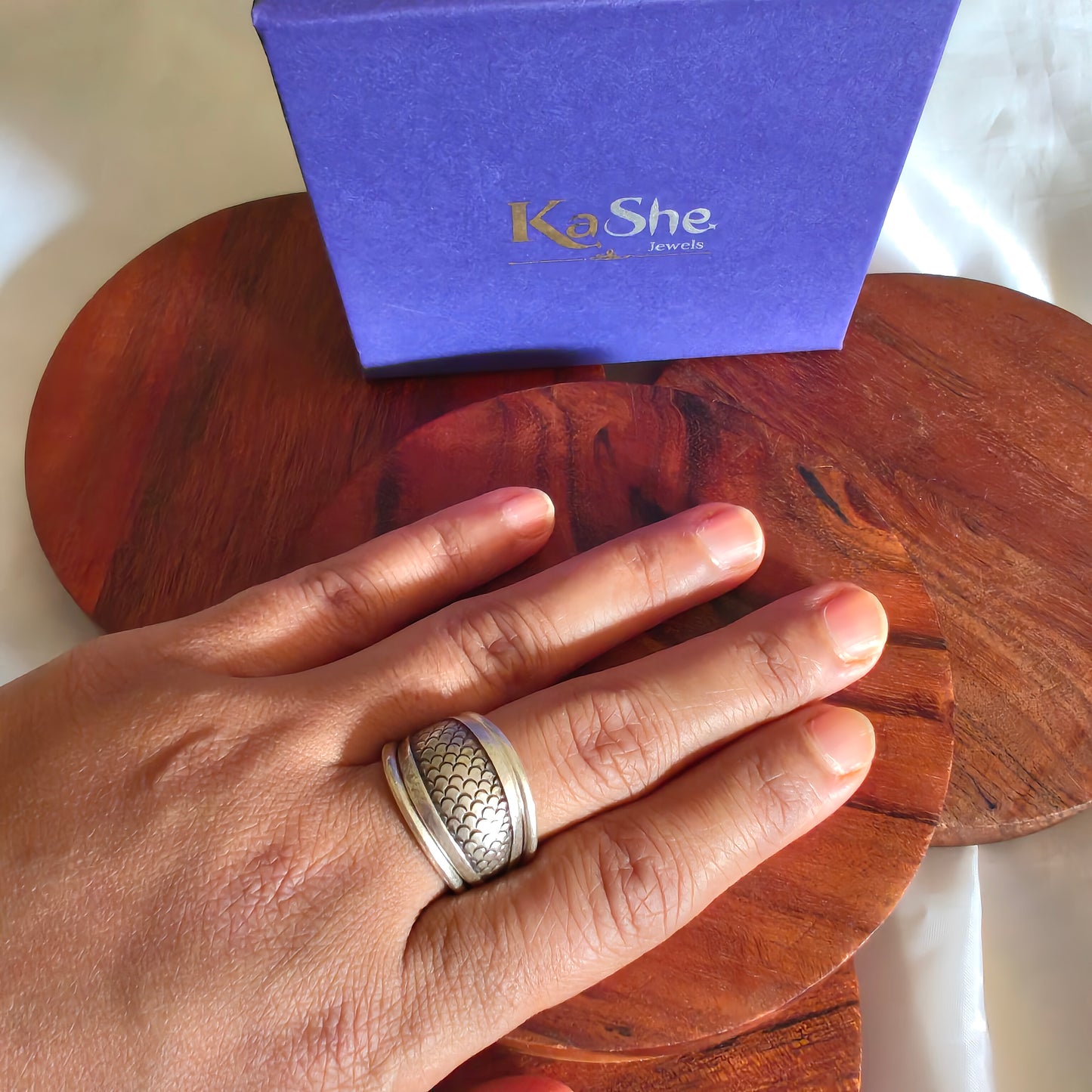 Boho Adjustable Sterling Silver Textured With Scale Ring