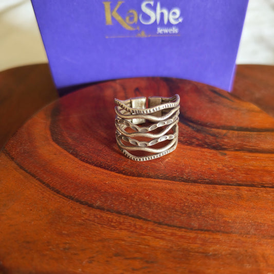 Boho Adjustable Sterling Silver Seven Textured Wired Ring