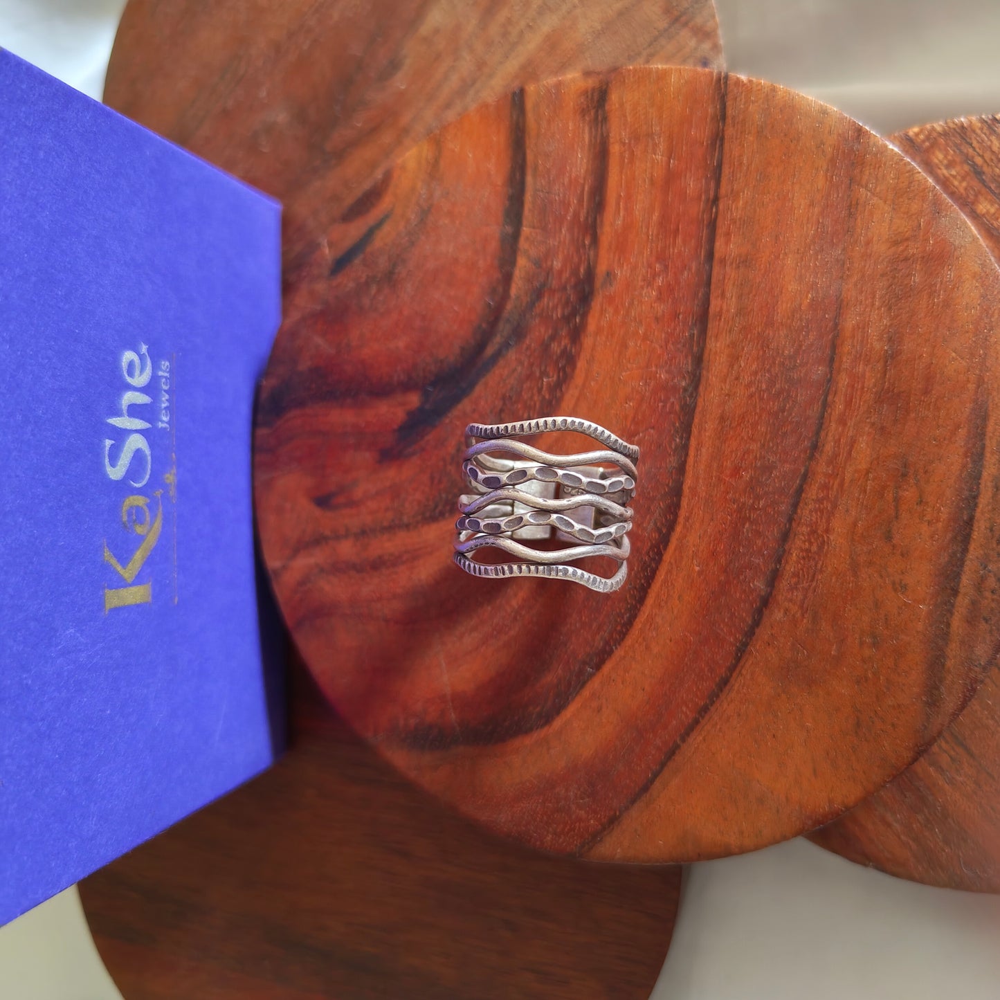 Boho Adjustable Sterling Silver Seven Textured Wired Ring