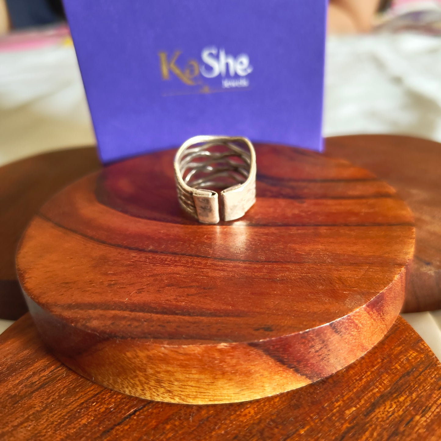 Boho Adjustable Sterling Silver Seven Textured Wired Ring