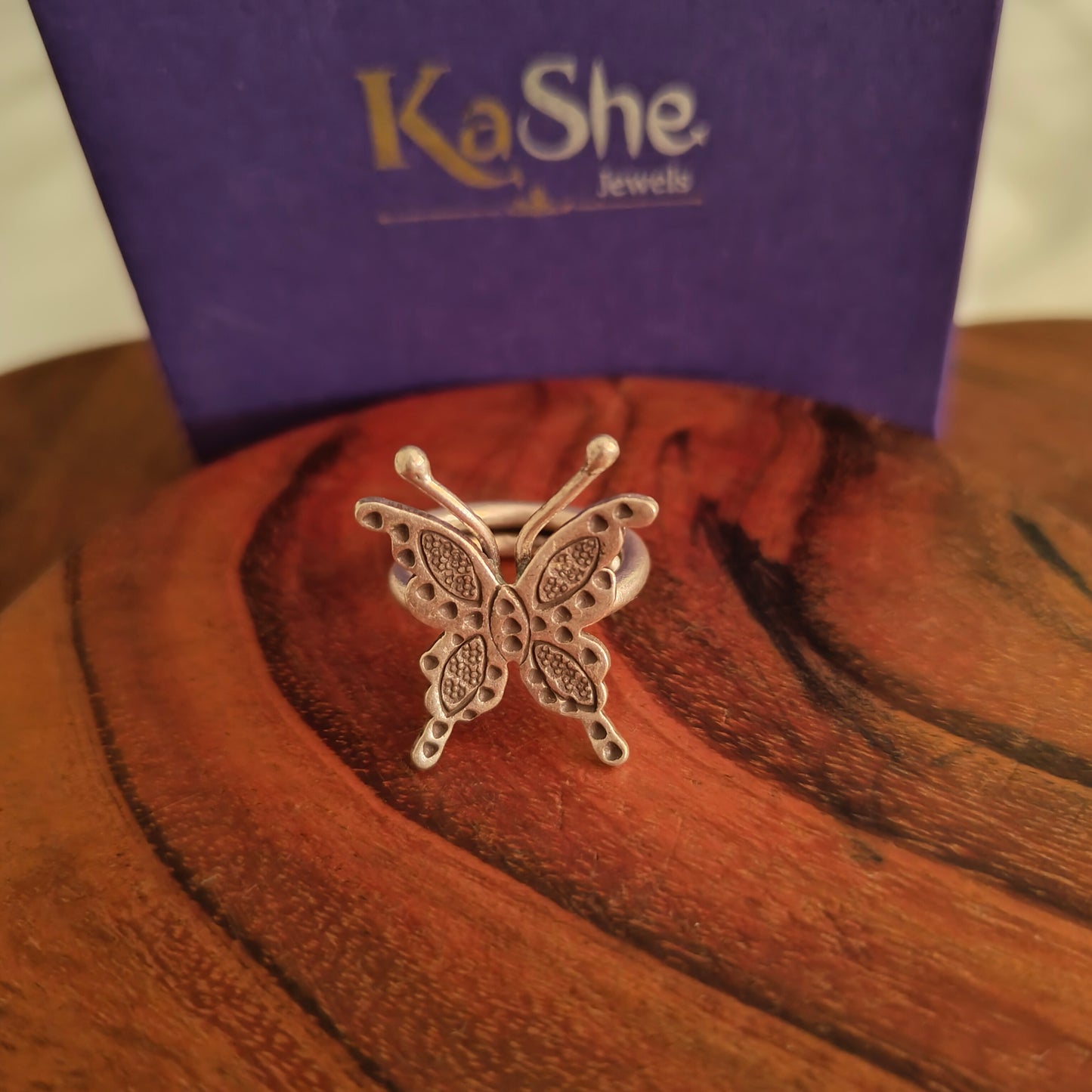 Adjustable Sterling Silver Textured With Butterfly Ring