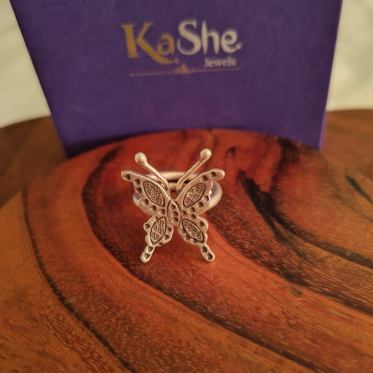 Adjustable Sterling Silver Textured With Butterfly Ring