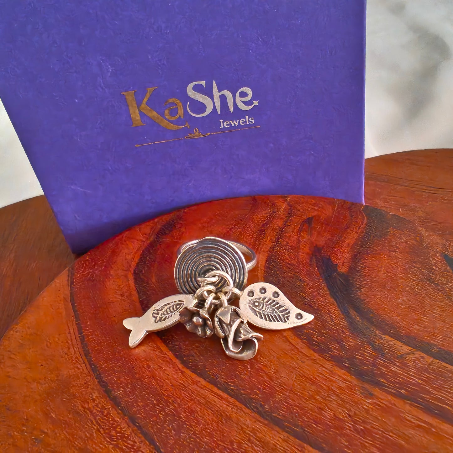 Statement Boho Circle of Life Ring With Charms Fish Flowers And  Leaves