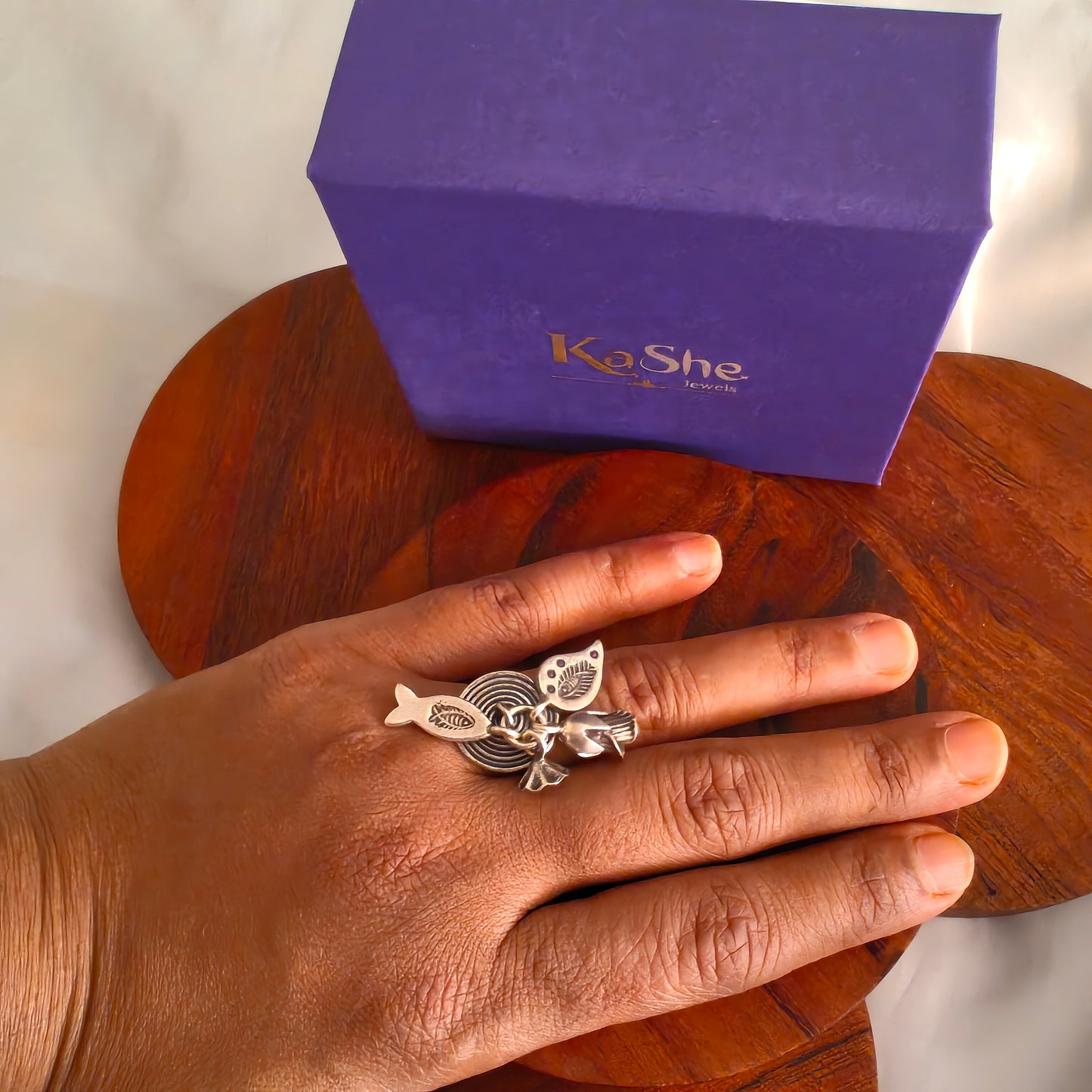 Statement Boho Circle of Life Ring With Charms Fish Flowers And  Leaves