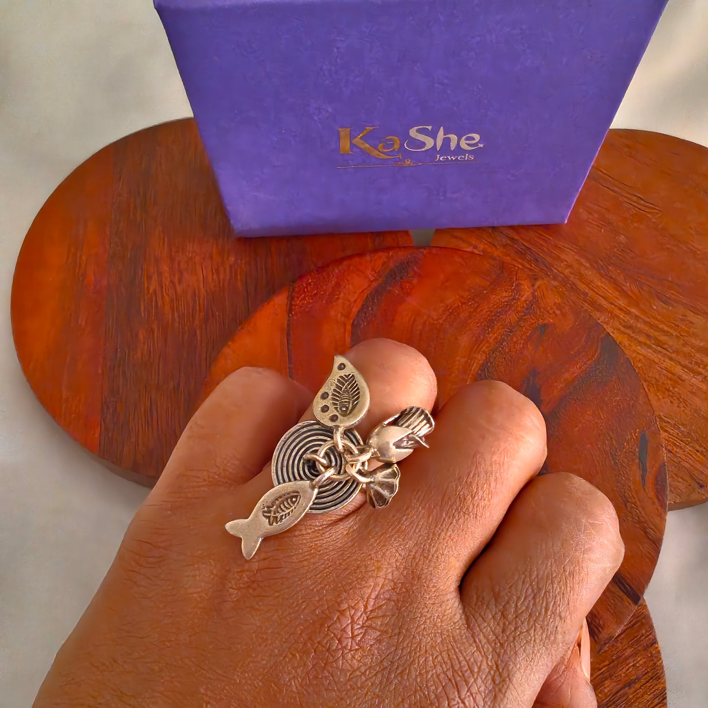 Statement Boho Circle of Life Ring With Charms Fish Flowers And  Leaves