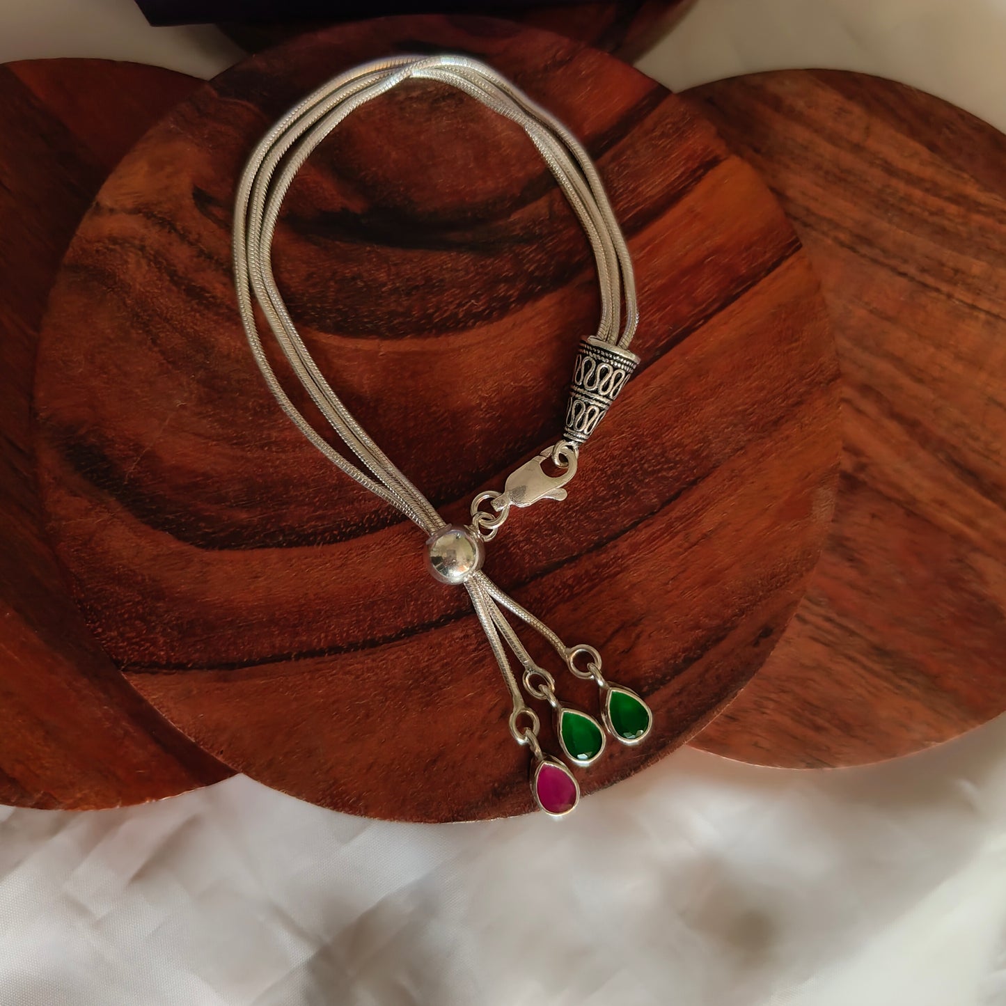 Exquisite 925 Silver Adjustable Pink Green Stone Loose Chain Bracelet