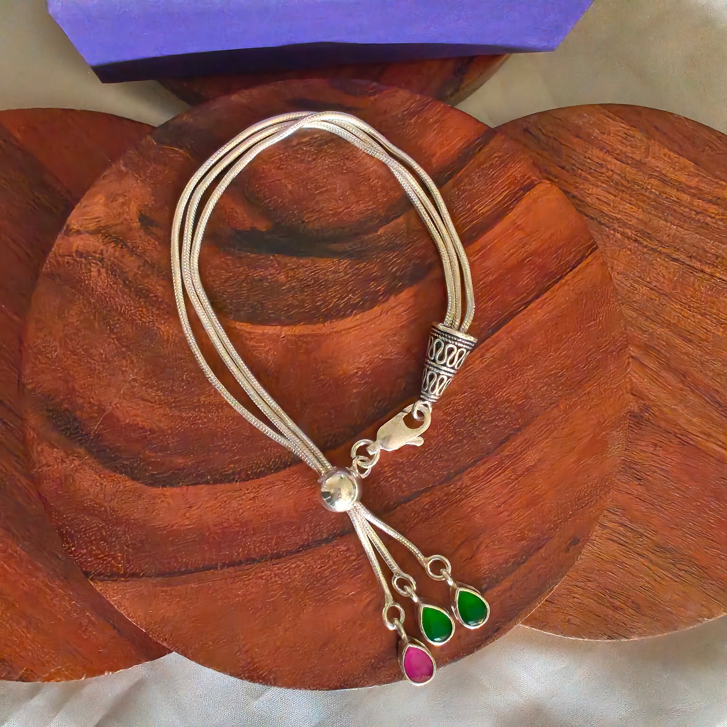 Exquisite 925 Silver Adjustable Pink Green Stone Loose Chain Bracelet