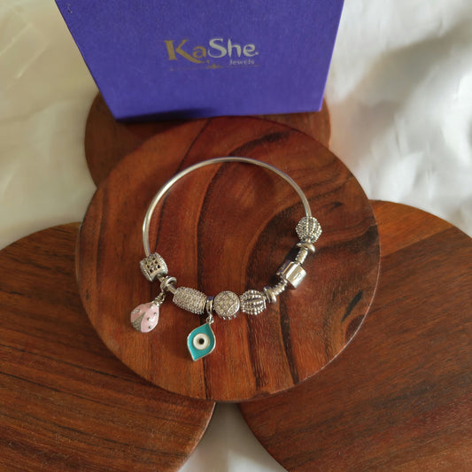 Silver Pandora Bracelets Openable Flexi Kada CZ Stones Evil Eye Leaf Pink Beetle