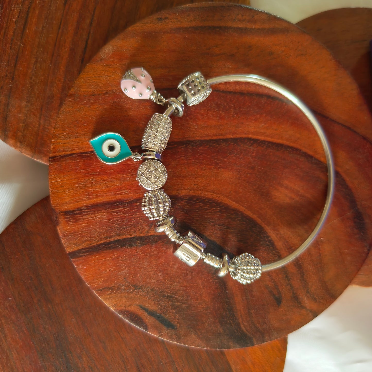 Silver Pandora Bracelets Openable Flexi Kada CZ Stones Evil Eye Leaf Pink Beetle