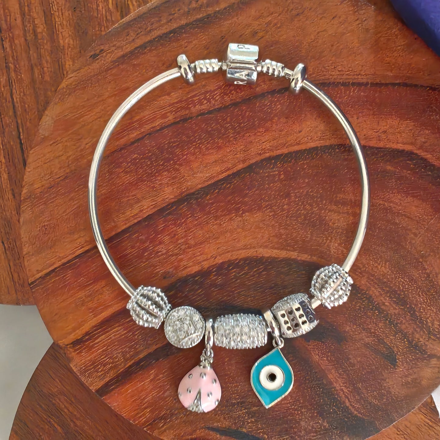 Silver Pandora Bracelets Openable Flexi Kada CZ Stones Evil Eye Leaf Pink Beetle