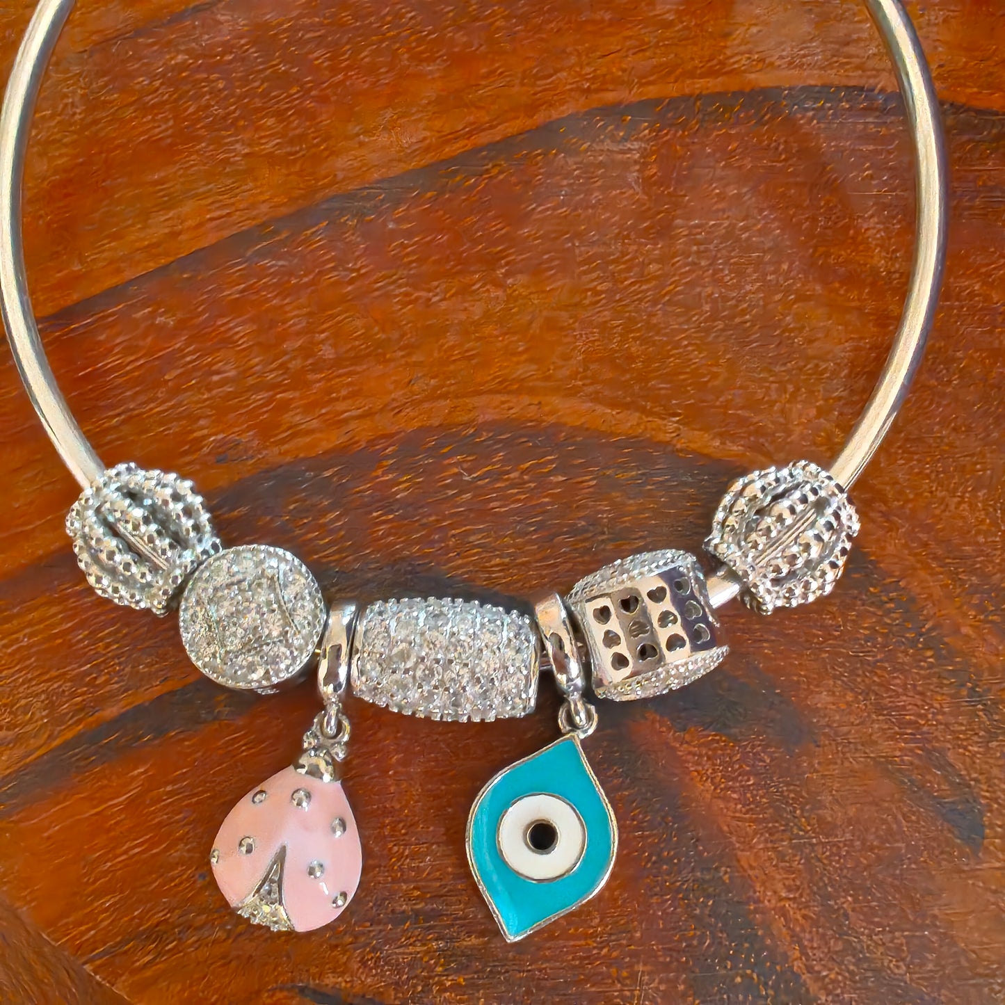 Silver Pandora Bracelets Openable Flexi Kada CZ Stones Evil Eye Leaf Pink Beetle
