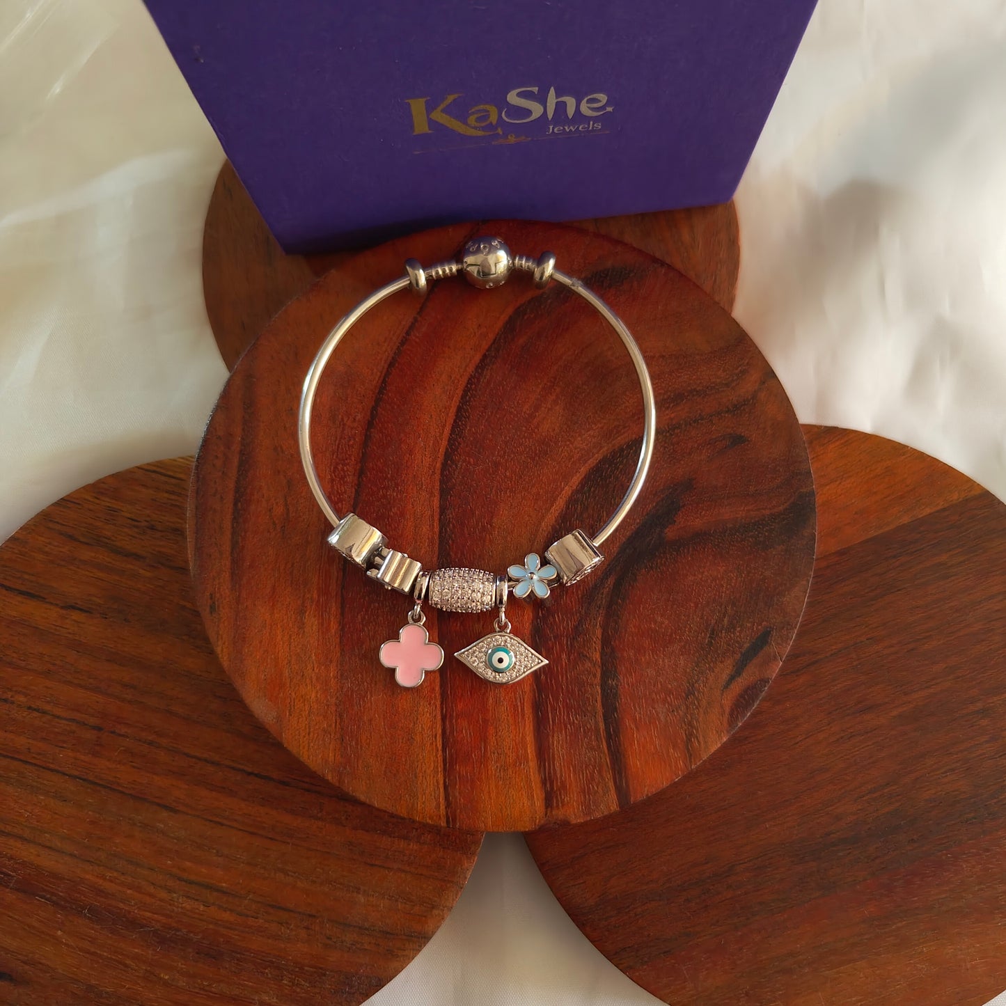 Silver Pandora Bracelets Openable Flexi Kada CZ Stones Evil Eye Leaf Pink Blue Florals