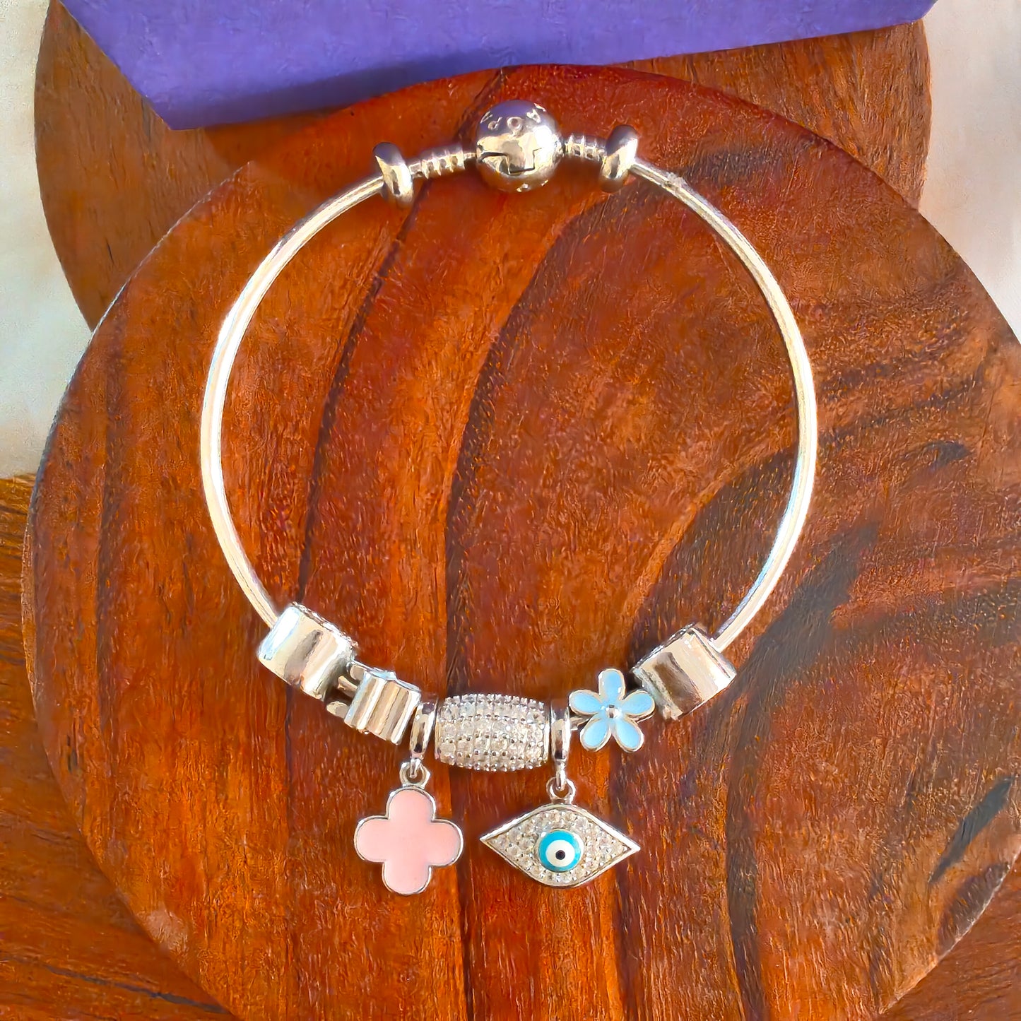 Silver Pandora Bracelets Openable Flexi Kada CZ Stones Evil Eye Leaf Pink Blue Florals