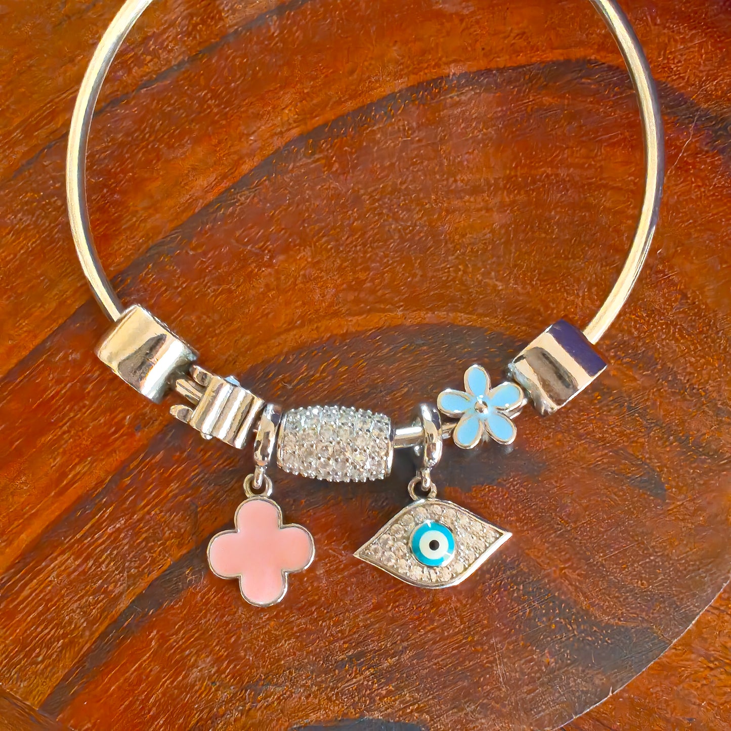Silver Pandora Bracelets Openable Flexi Kada CZ Stones Evil Eye Leaf Pink Blue Florals