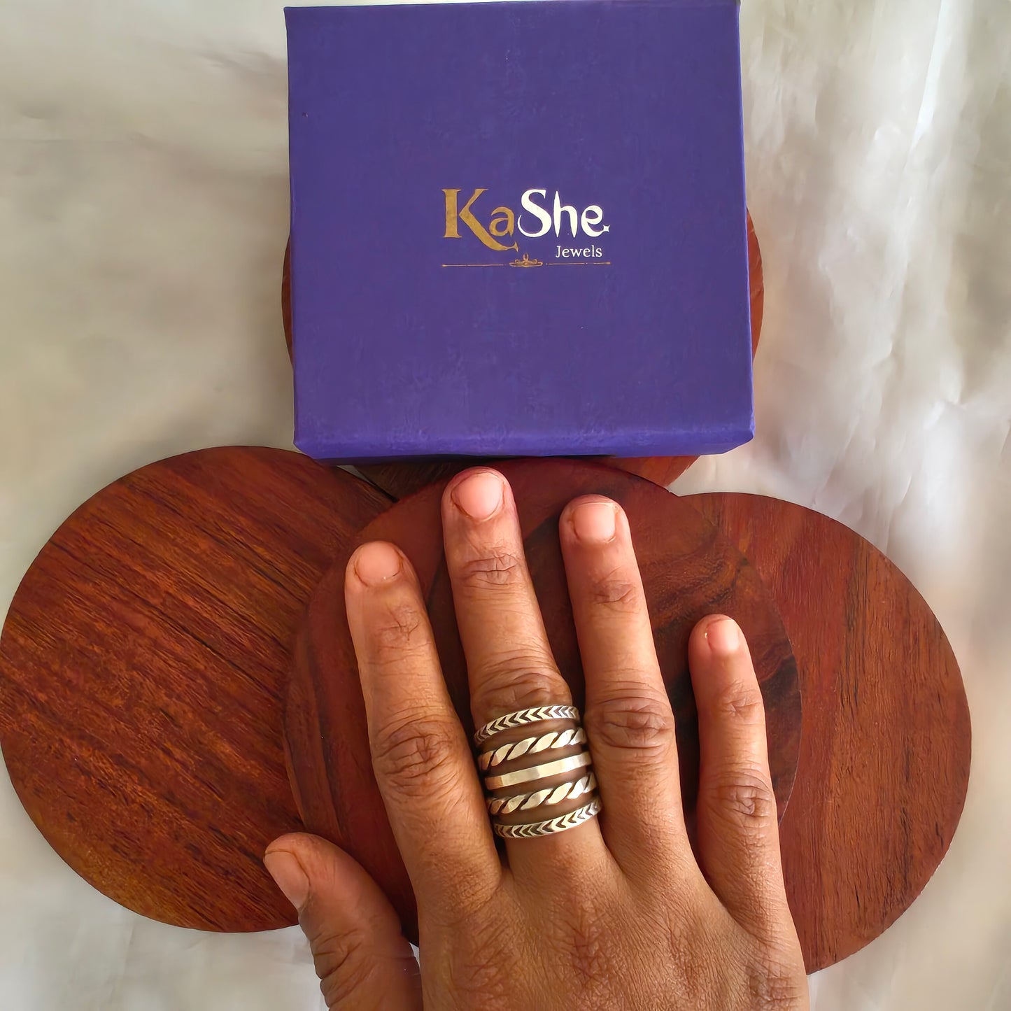 Boho Sterling Silver Textured Ring With Thin Bands