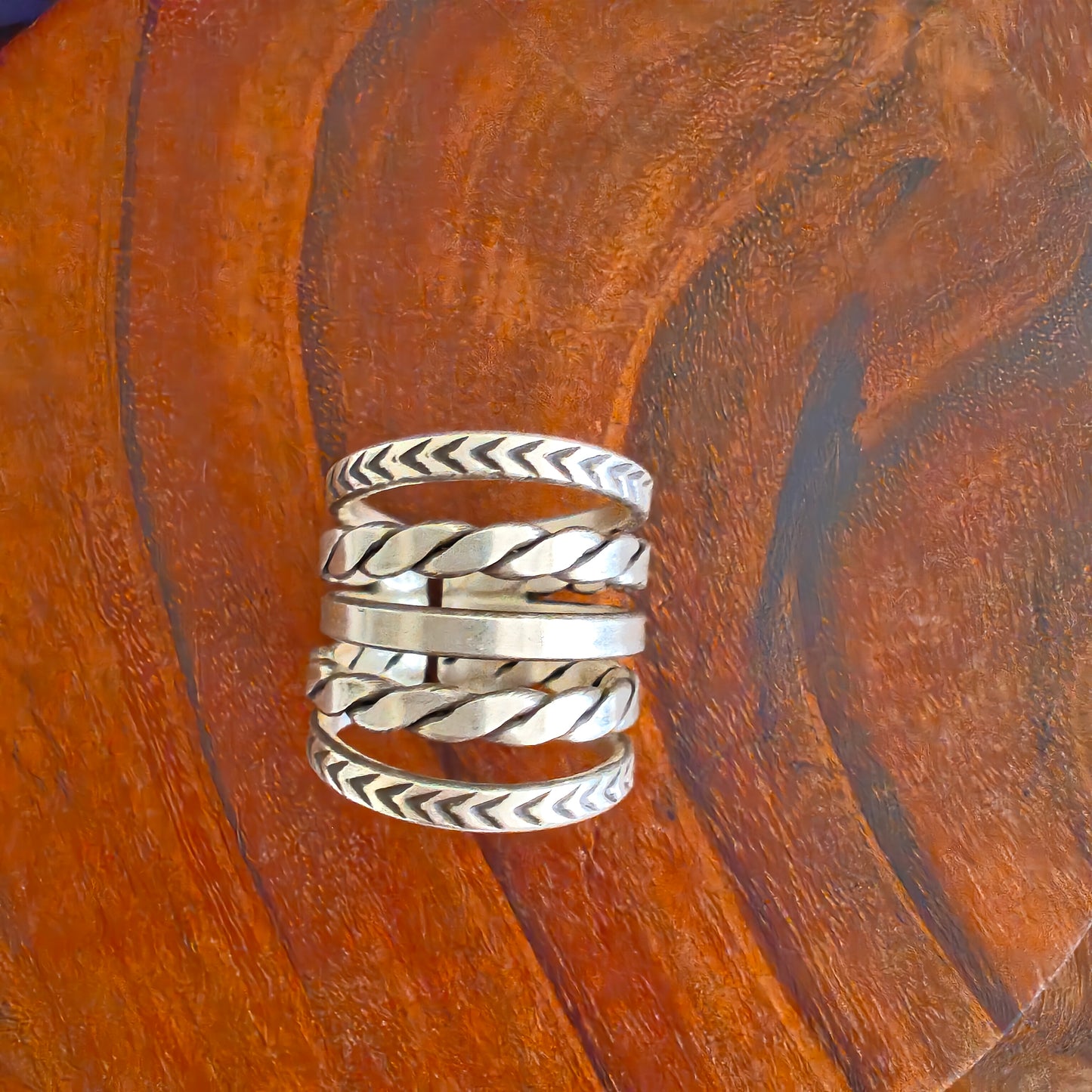 Boho Sterling Silver Textured Ring With Thin Bands