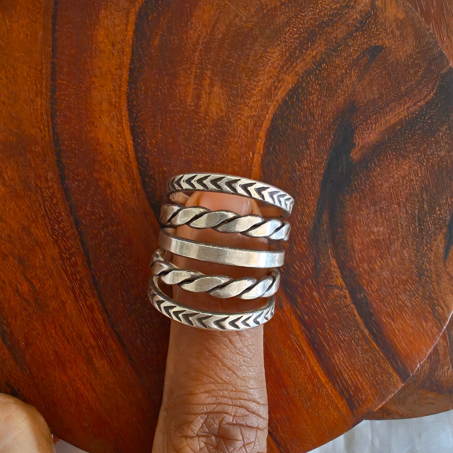 Boho Sterling Silver Textured Ring With Thin Bands