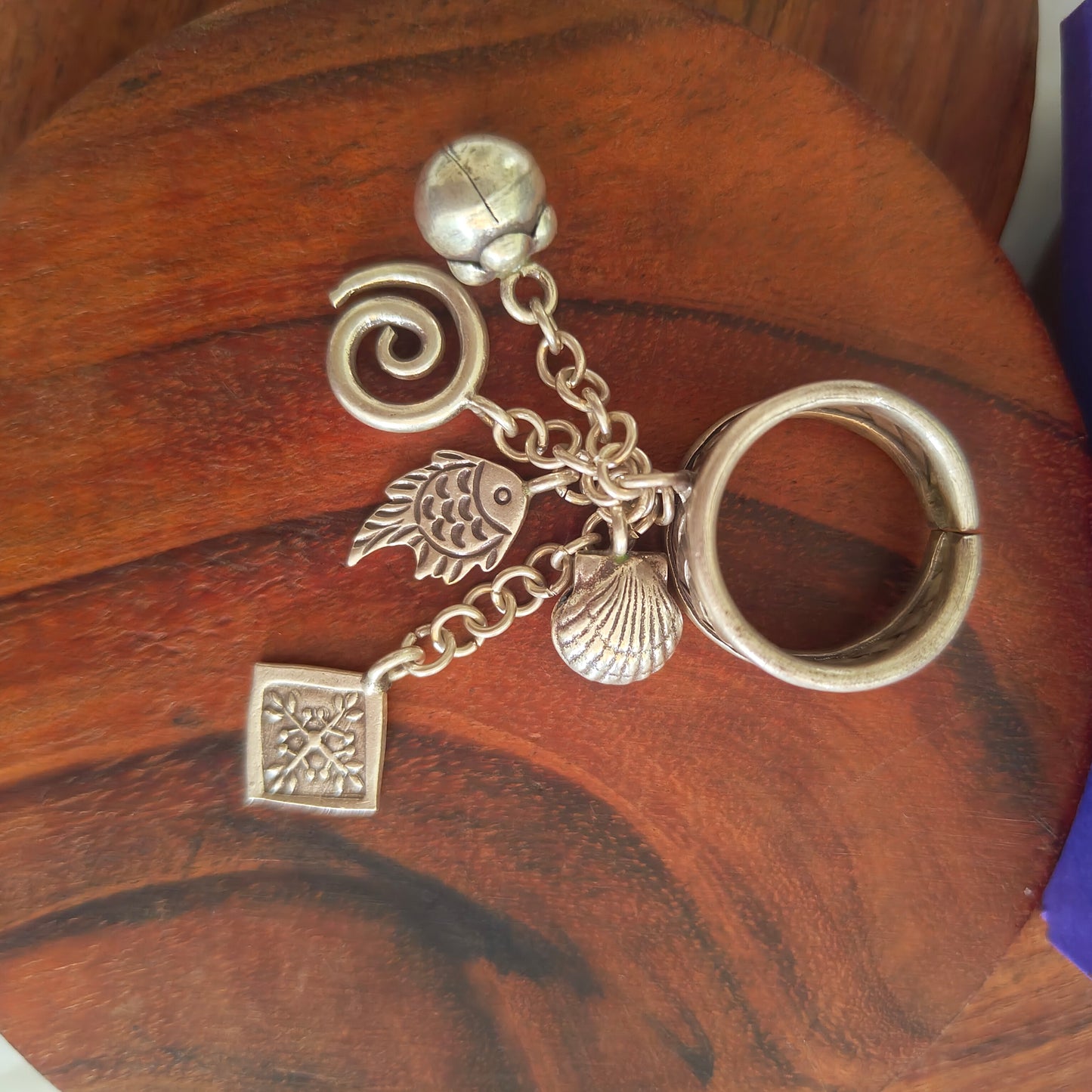 Boho Braided Adjustable Sterling Silver Ring With Fish Spiral Shell Tree of Life And Bud Charms