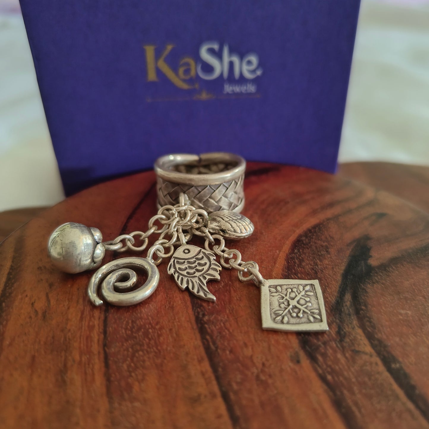 Boho Braided Adjustable Sterling Silver Ring With Fish Spiral Shell Tree of Life And Bud Charms
