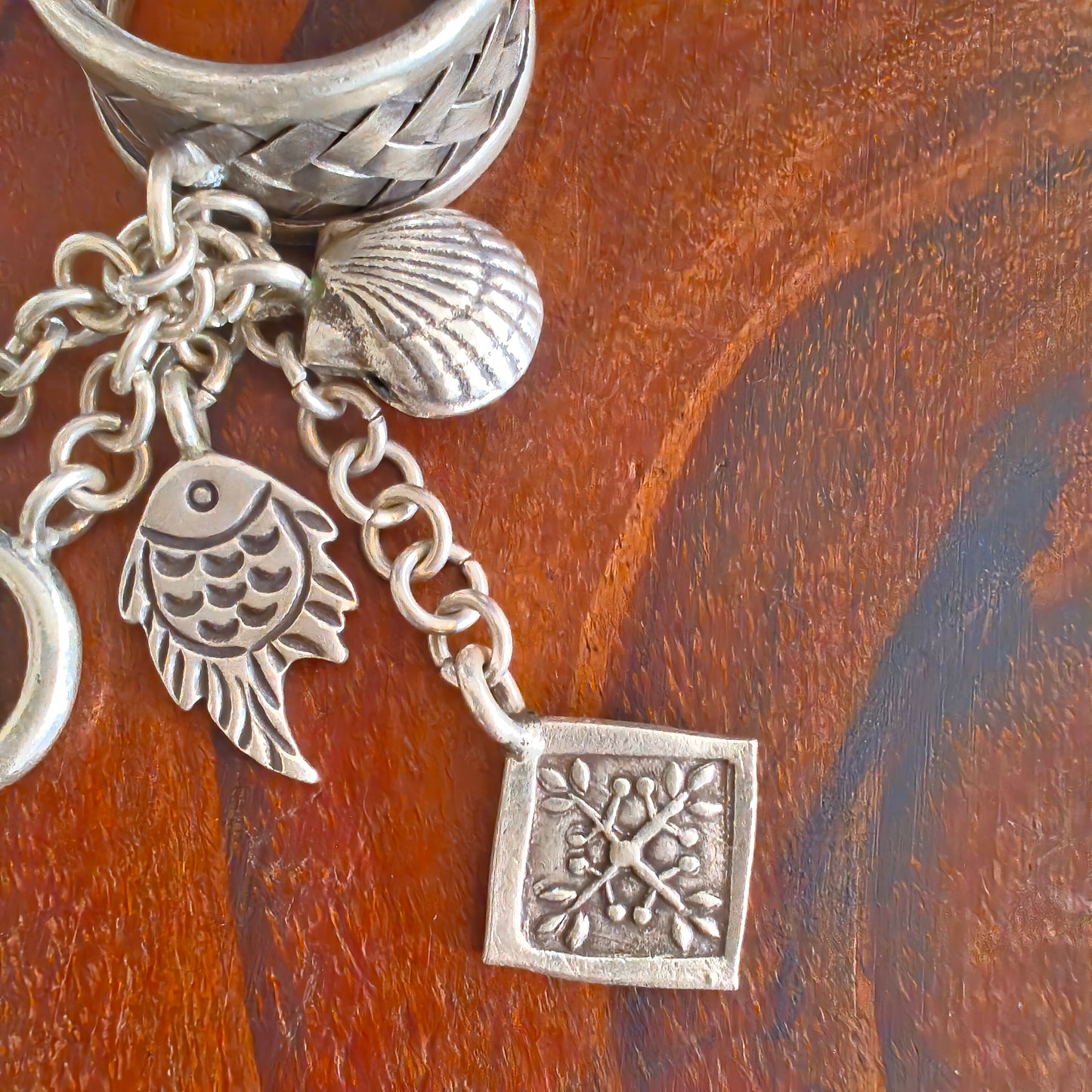 Boho Braided Adjustable Sterling Silver Ring With Fish Spiral Shell Tree of Life And Bud Charms