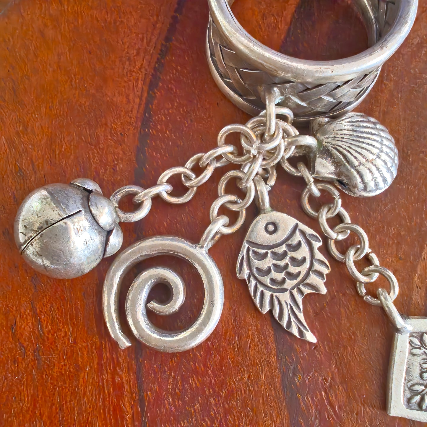 Boho Braided Adjustable Sterling Silver Ring With Fish Spiral Shell Tree of Life And Bud Charms