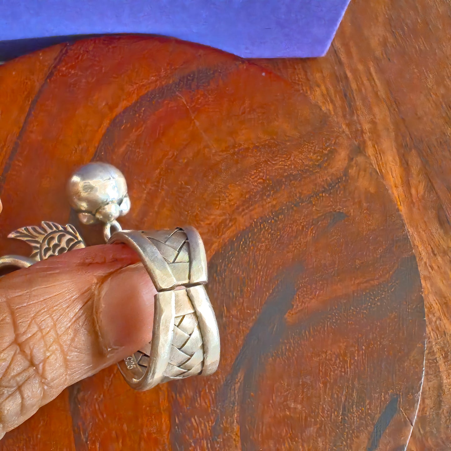 Boho Braided Adjustable Sterling Silver Ring With Fish Spiral Shell Tree of Life And Bud Charms